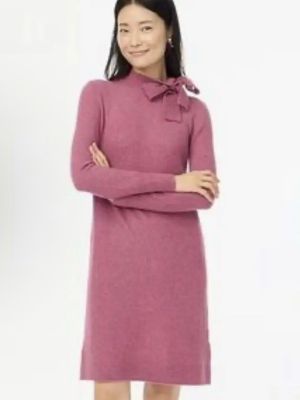 Raspberry Bow Tie-Neck Long Sleeve Knit Dress